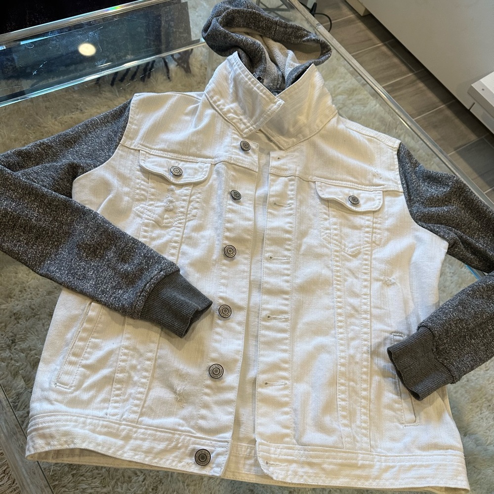 White Demin Jacket Grey Sleeves And Removable Hood
